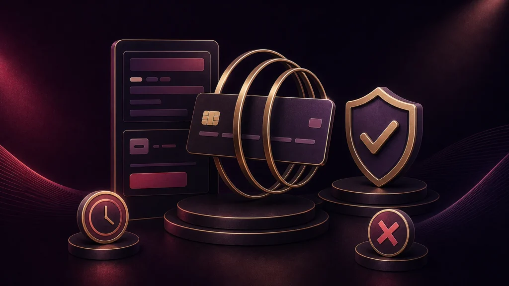 Premium editorial secure card checkout with authentication and decline paths