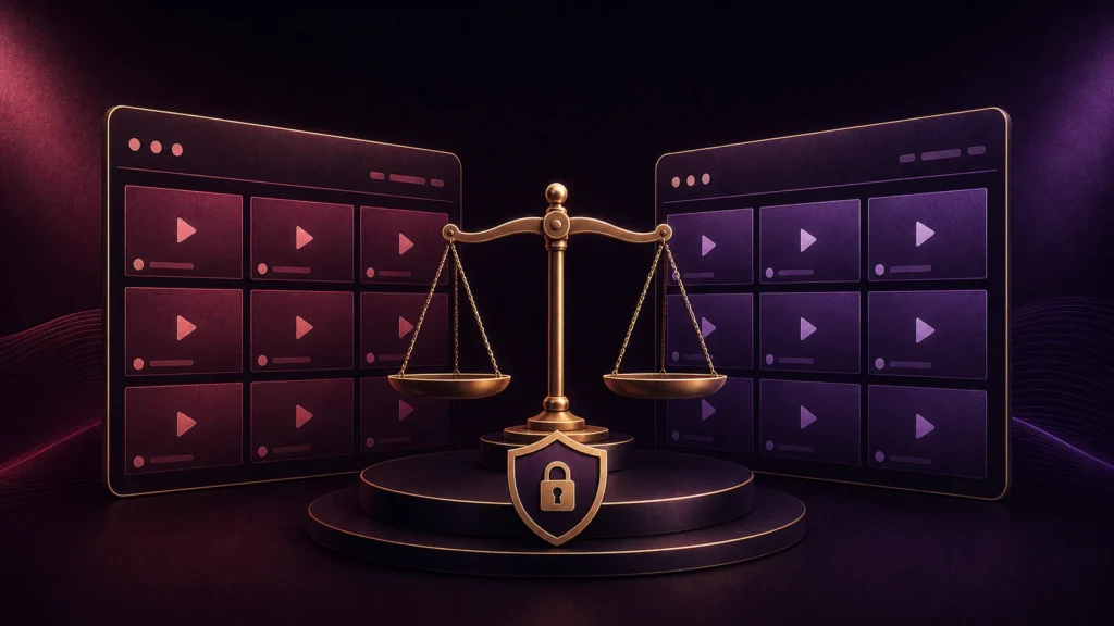 Premium editorial comparison of two live-cam platforms with privacy and balance controls
