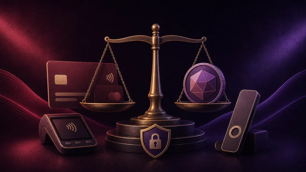 Premium editorial card versus crypto payment comparison with privacy controls