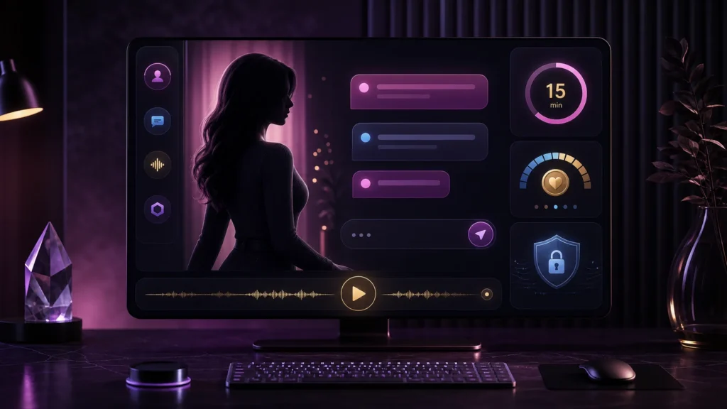 Fictional AI companion session with timer, budget and privacy controls