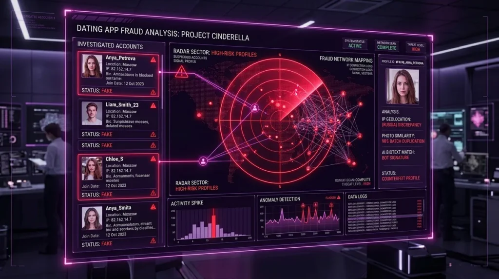 Dating app fraud analysis screen exposing synthetic bot networks and high-risk profiles
