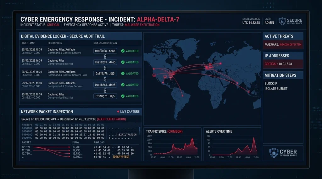 Technical emergency response cybersecurity dashboard showing evidence hashing and network defense