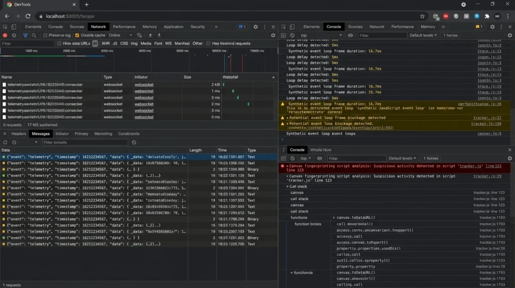 Chrome DevTools inspection showing JavaScript call patterns and fake WebSocket loops on dating platforms