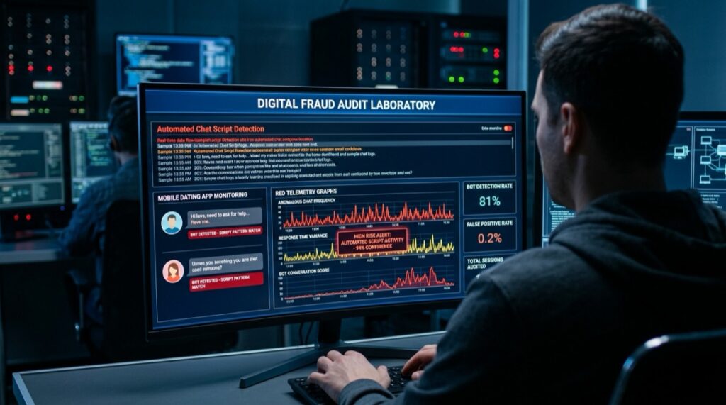 QuickFlirt scam review showing digital forensics on automated chat scripts